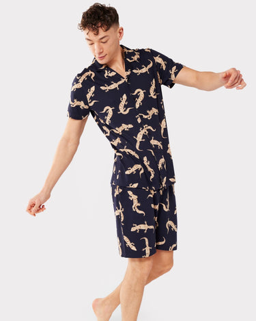 Men's Jersey Navy Gecko Print Revere Collar Button Up Short Pyjama Set